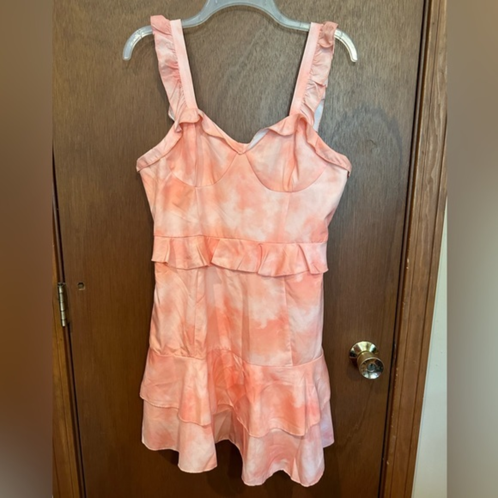 Cider Bohemian Tie Dye Ruffle‎ Mini Dress Peach Size L Large ￼